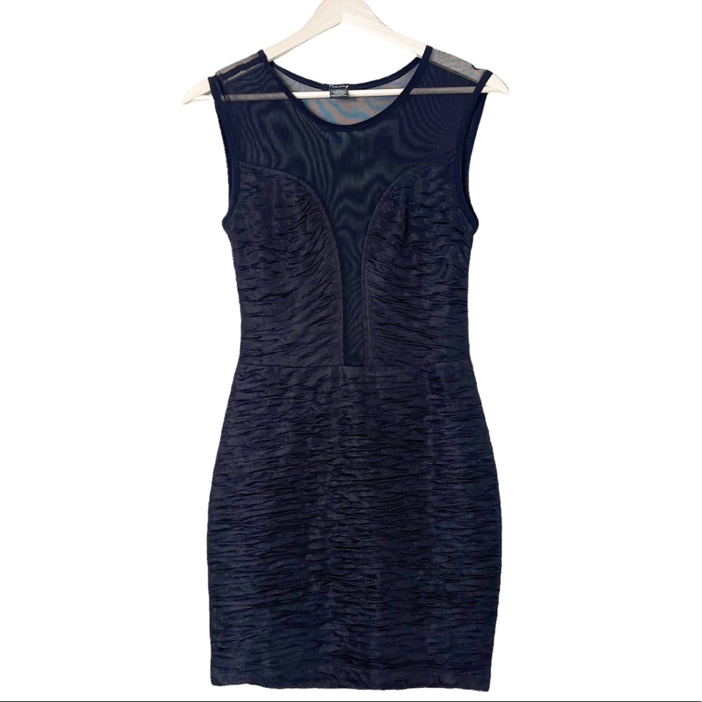 TIMING Black Mesh Ruched Bodycon Mini Dress
